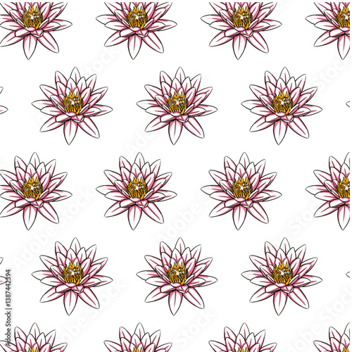 Water Lily or Nymphaea tropical flower Seamless Pattern Background.  Black and Yellow  Red Water Lily isolated in white. Hand drawn vector sketch Outline illustration Line Art