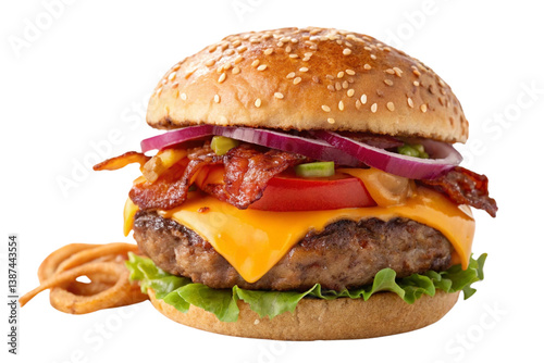 Deluxe cheese hamburger, sesame seed bun, juicy beef patty, melted cheddar cheese, crisp lettuce, ripe tomato slices, red onion rings, hamburger on transparent and white background