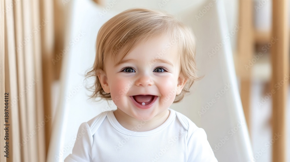 A smiling toddler, with blond hair and bright eyes, wears a white onesie. The image is softly lit, showcasing a cheerful mood. Its likely a high-resolution photograph, featuring warm tones and a blur A smiling toddler, with blond hair and bright eyes, wears a white onesie. The image is softly lit, showcasing a cheerful mood. Its likely a high-resolution photograph, featuring warm tones and a blur