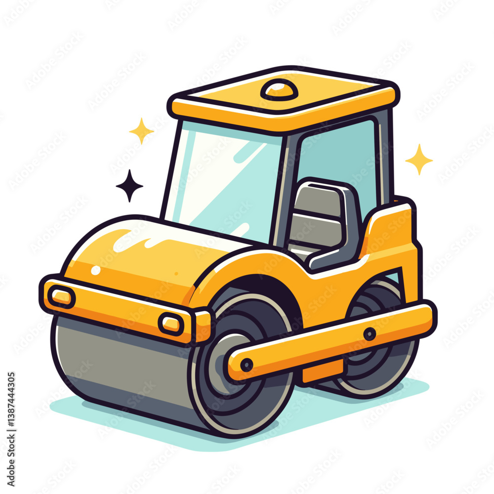 Fototapeta premium Vector art of yellow road roller construction vehicle. Ideal for construction equipment catalogs, civil engineering websites, and road building project illustrations.