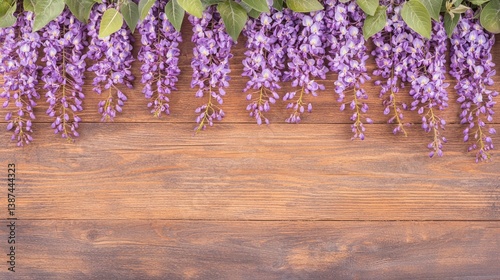 Flower wooden board weather. A beautiful display of cascading purple wisteria flowers against a rustic wooden background, creating a serene and vibrant atmosphere.