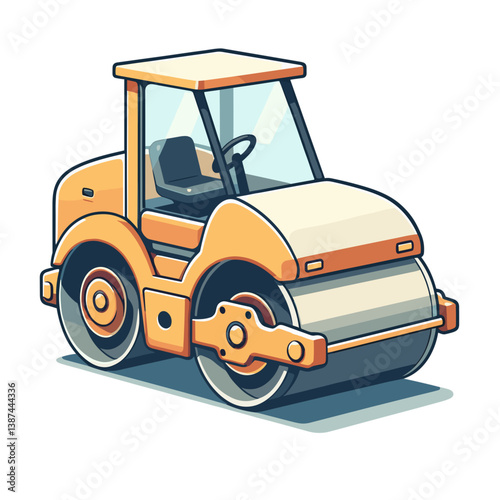 Vector art of small road roller compactor machine in yellow. Ideal for construction equipment catalogs, civil engineering websites, and road building project illustrations.