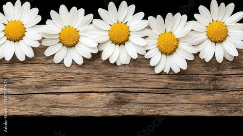 Flower wooden board weather. A row of white daisies with yellow centers against a dark wooden background, creating a simple yet elegant floral display.