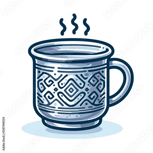 Vector illustration of ceramic coffee mug with ethnic pattern and rising steam. Perfect for cafe branding or cultural drink themes.