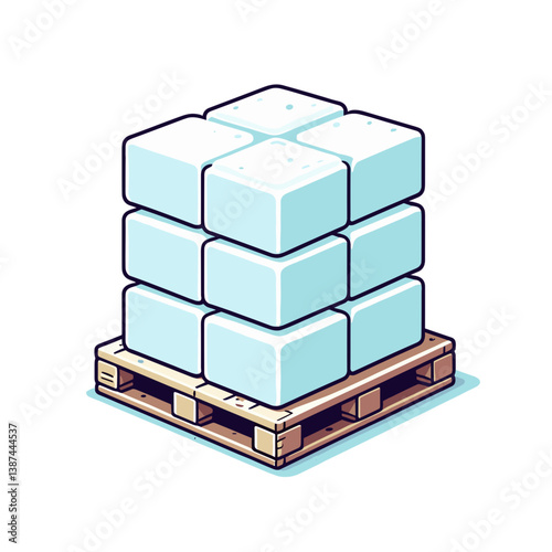 Vector illustration of ice blocks stacked on wooden pallet. Perfect for cold supply chain or frozen product storage visuals.