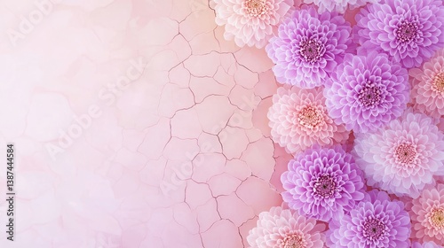 Flower wooden board weather. A soft pastel background featuring blooming purple and pink flowers, contrasted with a cracked texture, creating a serene and artistic floral composition.