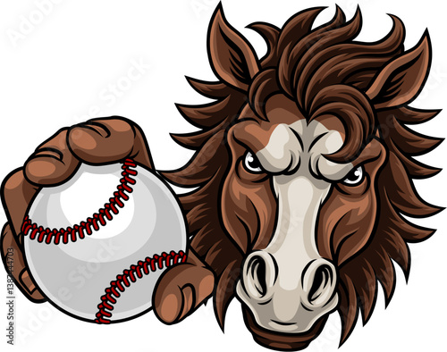 Horse mustang bronco stallion baseball softball angry sports team mascot holding a ball.