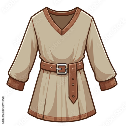 Vector illustration of beige medieval tunic with belt in minimalist style. Perfect for historical reenactment or fantasy costume design.