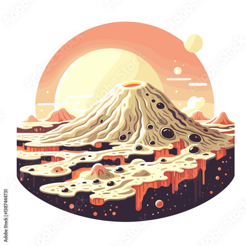 Vector illustration of volcanic mountain eruption in circular frame. Perfect for geological education or natural disaster awareness themes.