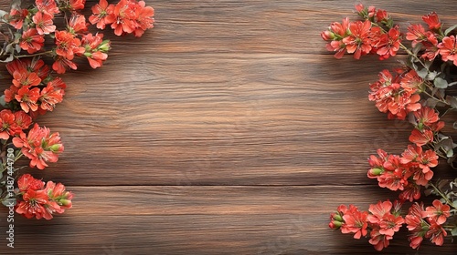 Flower wooden board weather. A wooden background adorned with vibrant red flowers, creating a natural and warm decorative frame.