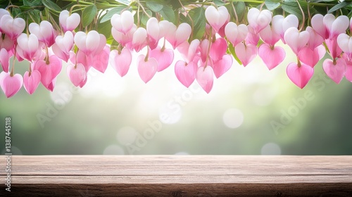 Flower wooden board weather. A serene image featuring delicate pink heart-shaped flowers hanging above a wooden surface, creating a soft and romantic atmosphere.