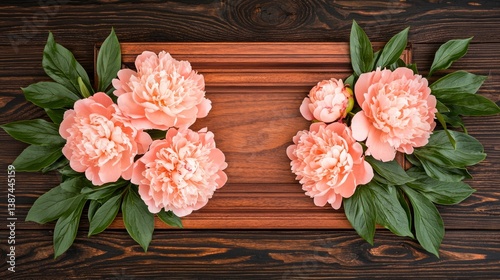 Flower wooden board weather. Elegant peony flowers arranged around a wooden frame, showcasing delicate petals and lush green leaves against a rustic background.
