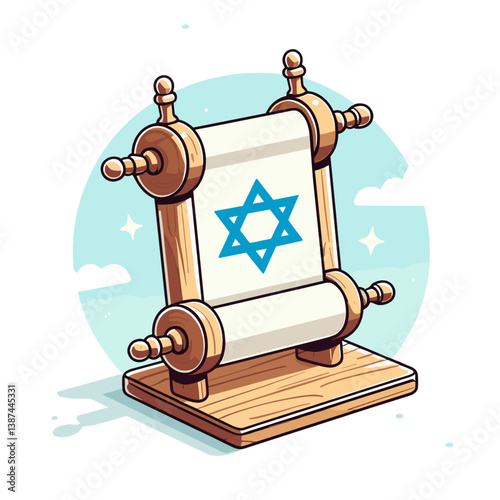 Torah scroll with Star of David on light blue circular background. Ideal for Jewish religious materials, Judaica collections, and Hebrew cultural illustrations.