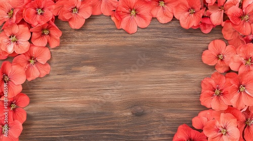 Flower wooden board weather. A vibrant arrangement of coral flowers framing a rustic wooden background, creating a warm and inviting atmosphere.