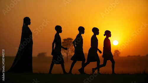 Cinematic silhouette of an African village scene at sunset showcasing the beauty of rural life, the warmth of family, and the promise of a bright future, evoking feelings of hope