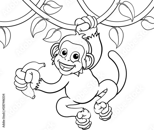 A monkey cartoon character singing on jungle vines with banana
