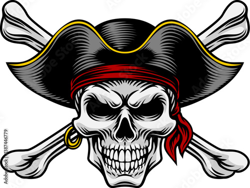 Pirate skull crossbones wearing a tricorn captain hat with crossing bones. In a vintage retro woodcut style.