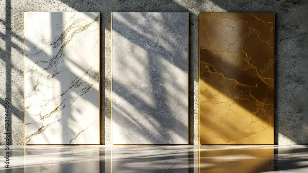 Elegant display of marble texture tile samples in white, gray, and gold tones