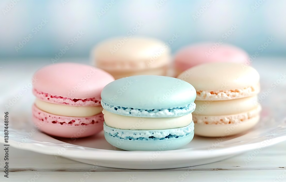 Obraz premium Set of pastel-colored macarons on a white plate, delicate dessert close-up 