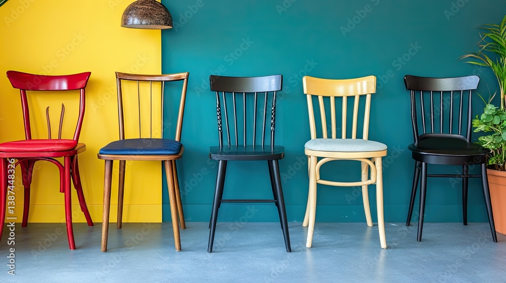 Fototapeta premium Stylish interior showing mix-and-match chairs, including cushioned folding chairs by the wall