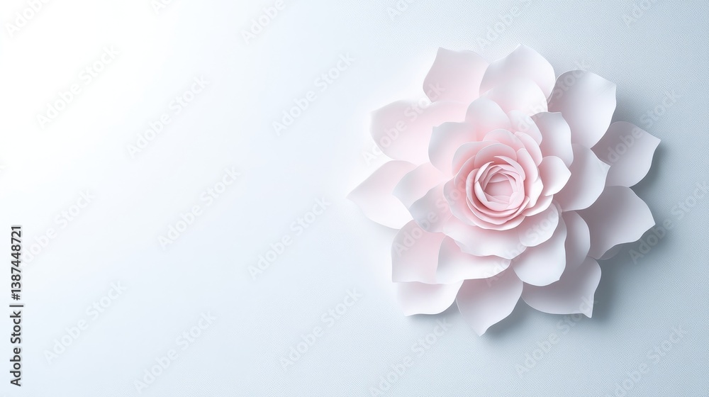 Fototapeta premium A delicate pink flower in full bloom on a soft white background, showcasing intricate petal details, minimalist composition, and serene and elegant floral design.