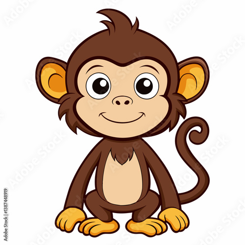 Cartoon cute chimpanzee monkey  sitting .Suitable for children's books, sticker, mascot, logo.Front view. Isolated vector illustration on white background	
