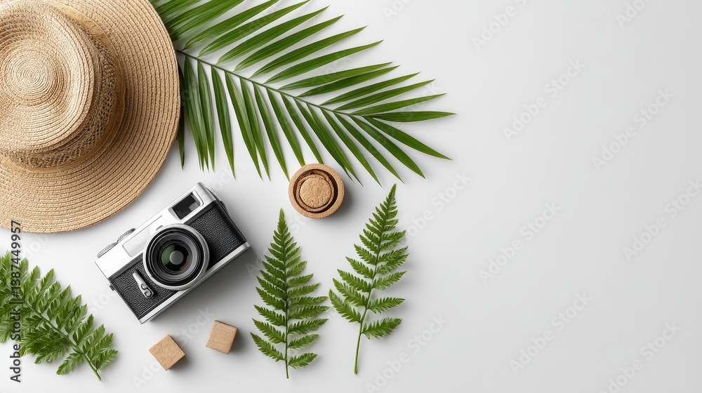 A flat lay photo arrangement of summer essentials like a camera, straw hat, and palm leaves, capturing the essence of adventure and relaxation in the sun.