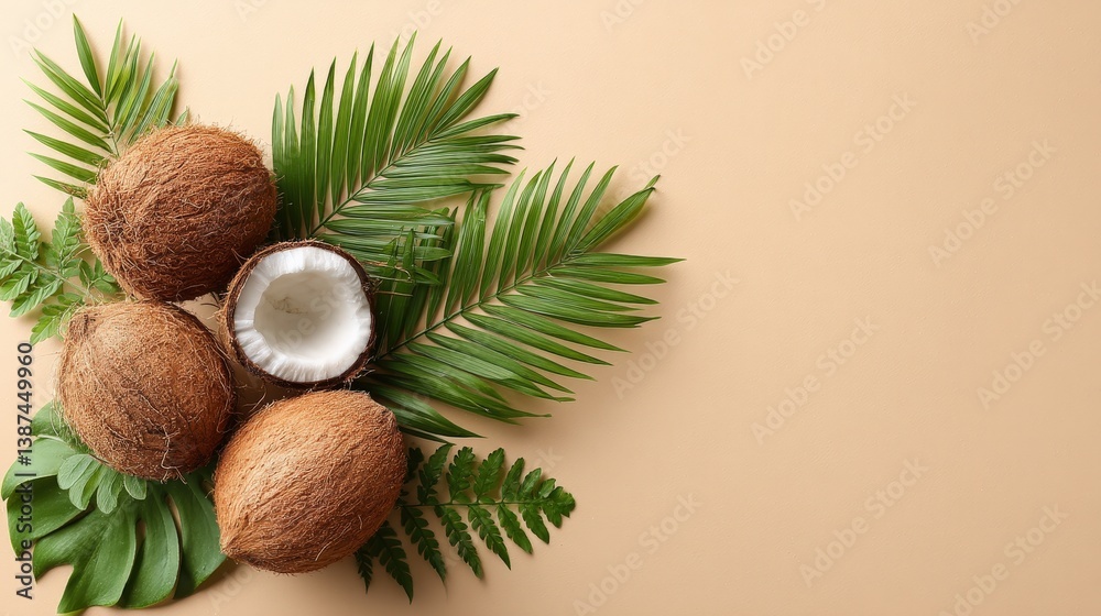 An artistic composition of coconuts surrounded by lush green foliage, combining elements of nature and tropical vibes that represent relaxation and summer fun.