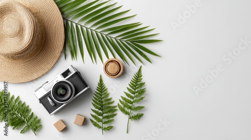 Obraz na płótnie A flat lay photo arrangement of summer essentials like a camera, straw hat, and palm leaves, capturing the essence of adventure and relaxation in the sun. w salonie