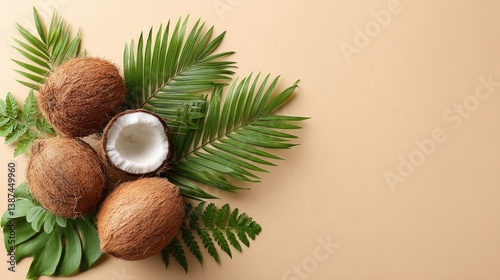 Obraz na płótnie An artistic composition of coconuts surrounded by lush green foliage, combining elements of nature and tropical vibes that represent relaxation and summer fun. w salonie