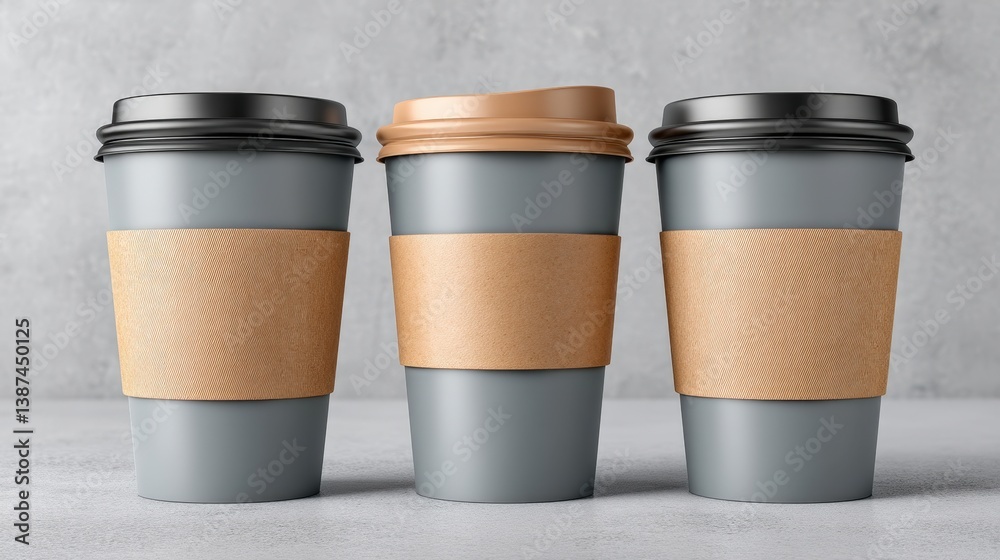 A set of three stylish coffee cups, showcasing their unique designs with varied lid colors and textured sleeves, perfect for your favorite hot beverages on the go.