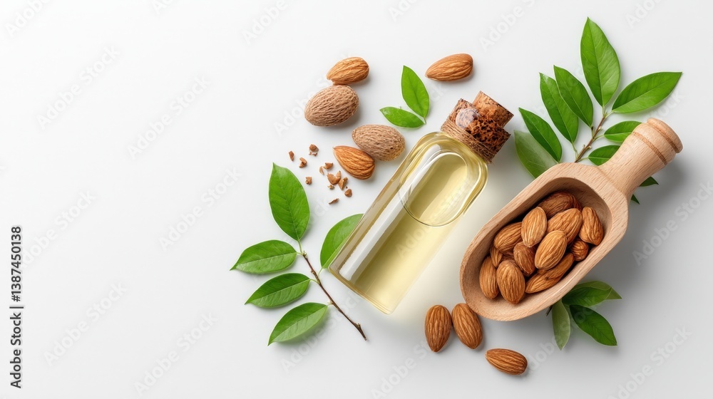 A beautiful display of organic almond oil, nuts, and vibrant green leaves emphasizing the importance of natural ingredients for wellness and holistic living.