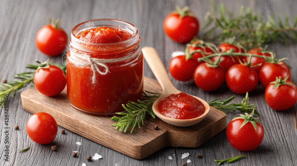 A visually appealing jar of tomato condiment with fresh herbs, showcasing the vibrant colors and textures, ideal for enhancing dishes with flavor and freshness.