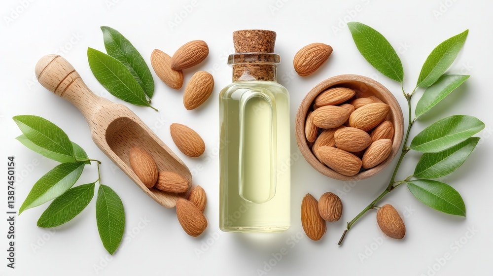 An appealing arrangement of almond oil, nuts, and natural leaves showcasing the aesthetic beauty and health benefits of these wholesome ingredients in wellness.