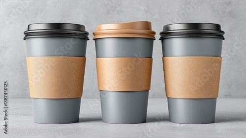 Obraz na płótnie A set of three stylish coffee cups, showcasing their unique designs with varied lid colors and textured sleeves, perfect for your favorite hot beverages on the go. w salonie