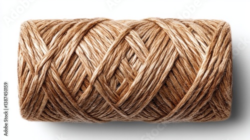 Obraz na płótnie A beautifully coiled roll of natural jute twine, showcasing its intricate texture and earthy tones against a clean white backdrop, perfect for various crafting needs. w salonie