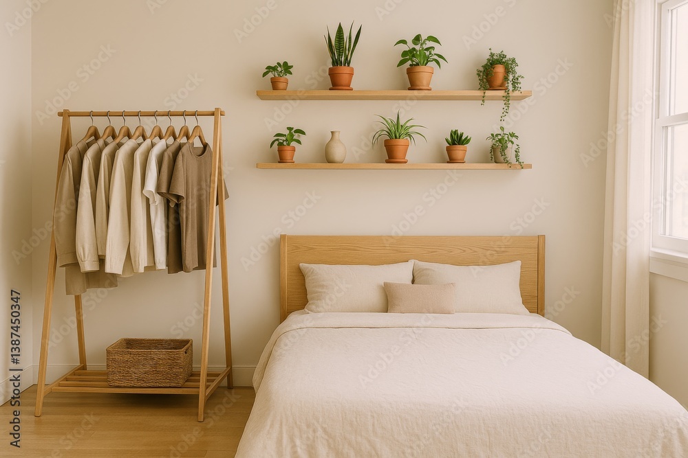 Minimalist bedroom with wooden bed, neutral tones, and indoor plants
