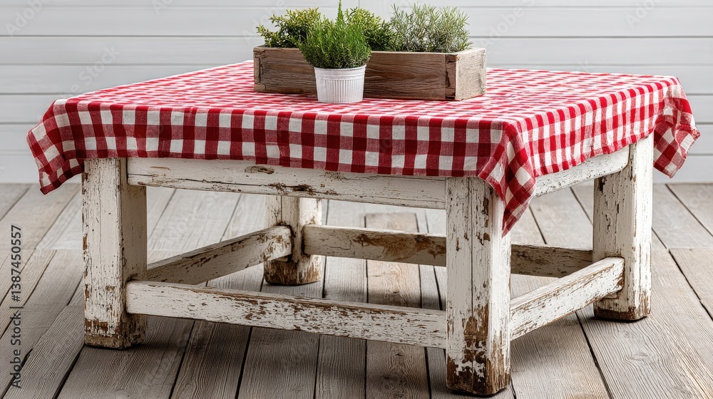 A rustic white table adorned with a vibrant red and white checkered tablecloth, featuring potted herbs, perfect for a charming dining setting and home interior decor.