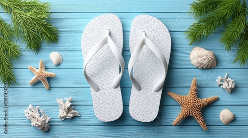 The image features a pair of stylish white flip flops placed on a vibrant blue wooden background, surrounded by seashells and starfish, perfect for evoking a beach vibe and summer relaxation.