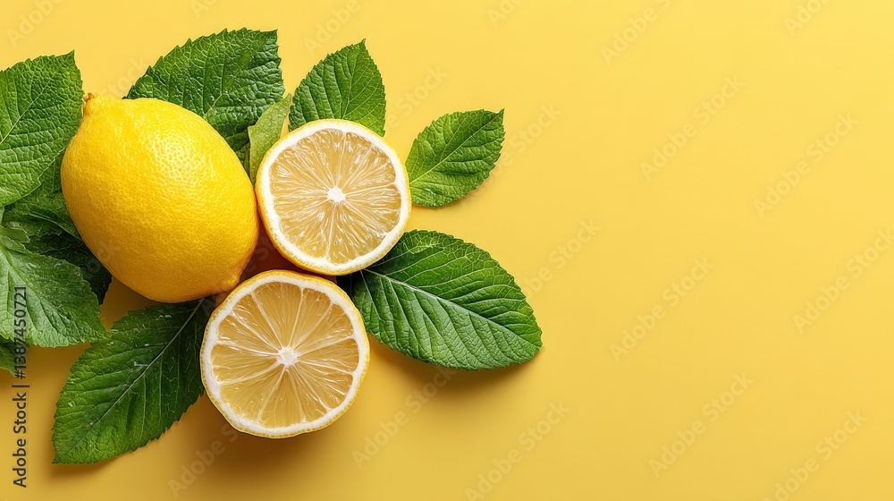 Sliced lemons with fresh green leaves adorn a vibrant yellow surface, portraying a bright and refreshing composition celebrating the essence of nature’s bounty.