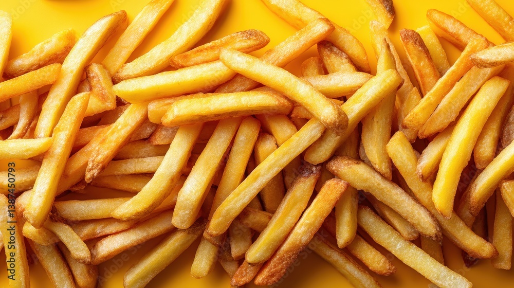 Golden, crispy French fries are strewn across a vibrant yellow background, representing fast food culture and the simple pleasures of indulgent snacking done beautifully.