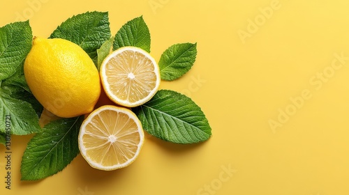 Obraz na płótnie Sliced lemons with fresh green leaves adorn a vibrant yellow surface, portraying a bright and refreshing composition celebrating the essence of nature’s bounty. w salonie
