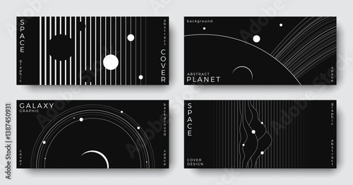 Set of abstract space astronomy horizontal backgrounds. Line art planet, galaxy, solar system, universe. Science future concept. Cosmic minimalist design for cover, poster, banner, flyer, brochure