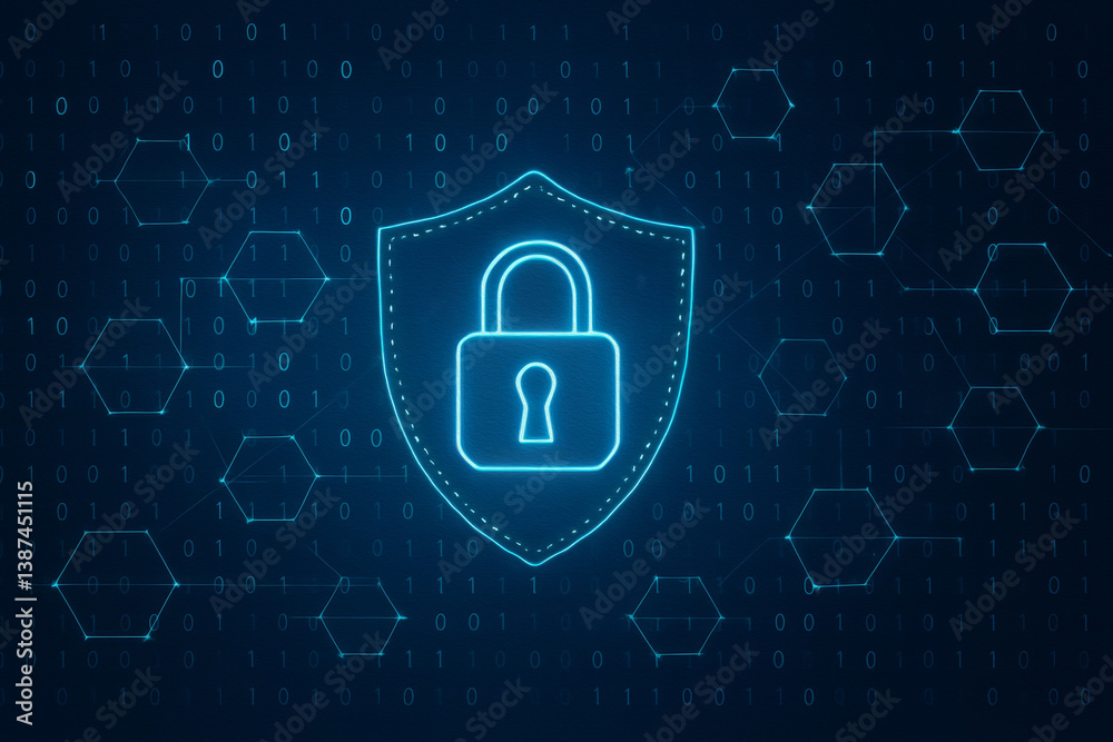 Cybersecurity shield with digital padlock icon on futuristic background