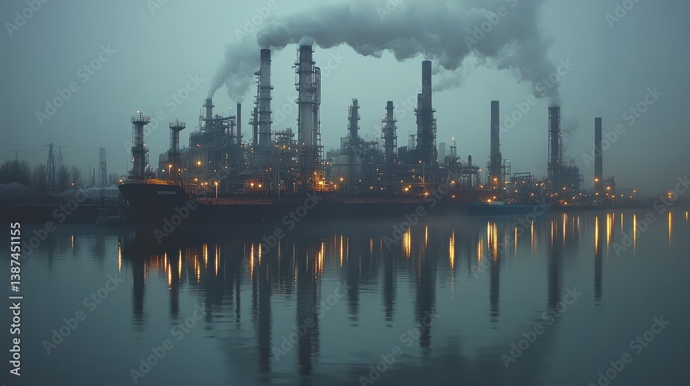 Obraz premium Industrial Twilight: Refinery Reflection on Calm Waters