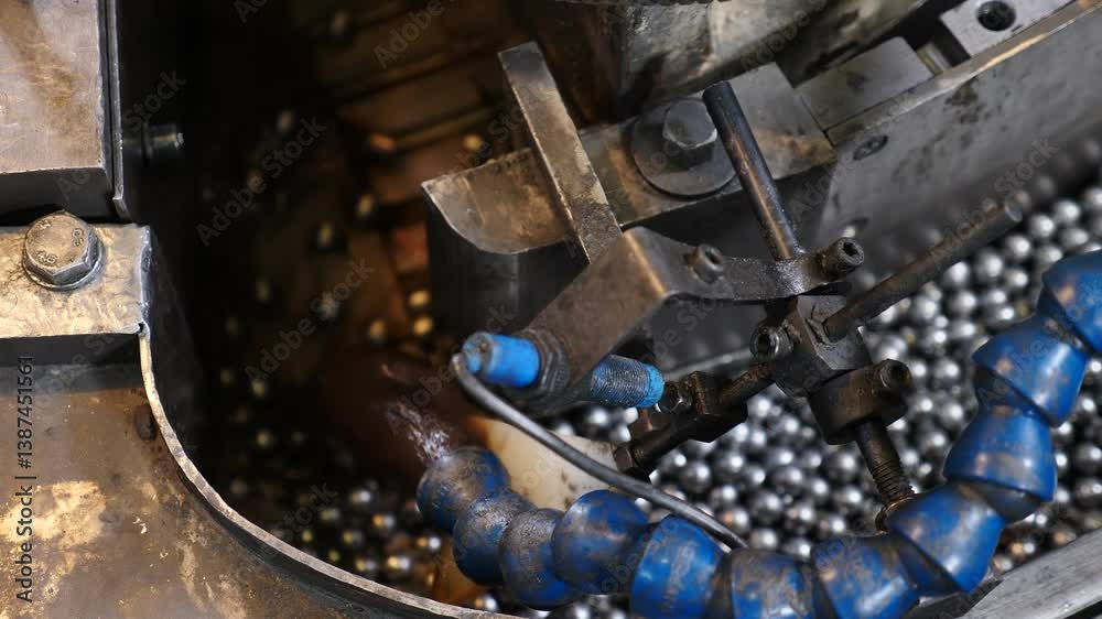 Metalworking machinery performing precision surface treatment, blasting steel balls against metal tube, creating smoothed industrial manufacturing component. bearing components. 4 k video