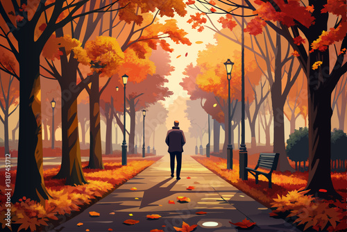 vector of A foggy autumn scene depicts a park alley with an unidentified passerby, the thick fog enhances the gloomy and mysterious mood of autumn.