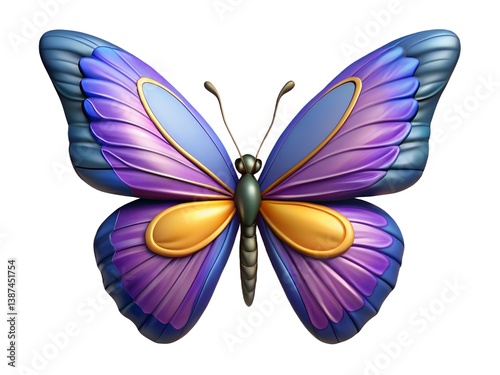 A digitally rendered butterfly with blue purple and gold wings isolated on a white background center