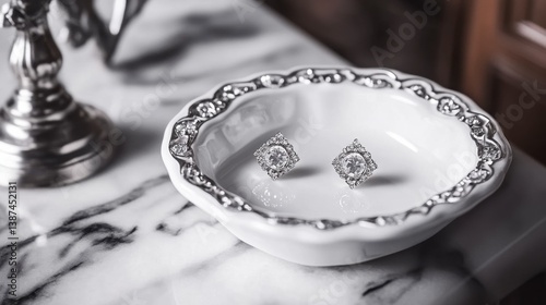 Obraz na płótnie A single pair of sparkling earrings placed inside a jewelry dish on a marble vanity. w salonie