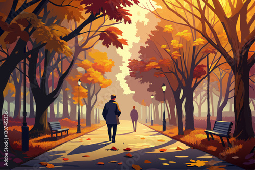 vector of A foggy autumn scene depicts a park alley with an unidentified passerby, the thick fog enhances the gloomy and mysterious mood of autumn.